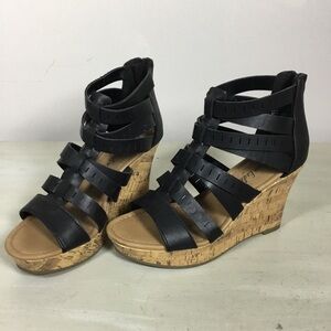 Gladiator style cork wedge platform sandals black and cream zipper closure sz 5